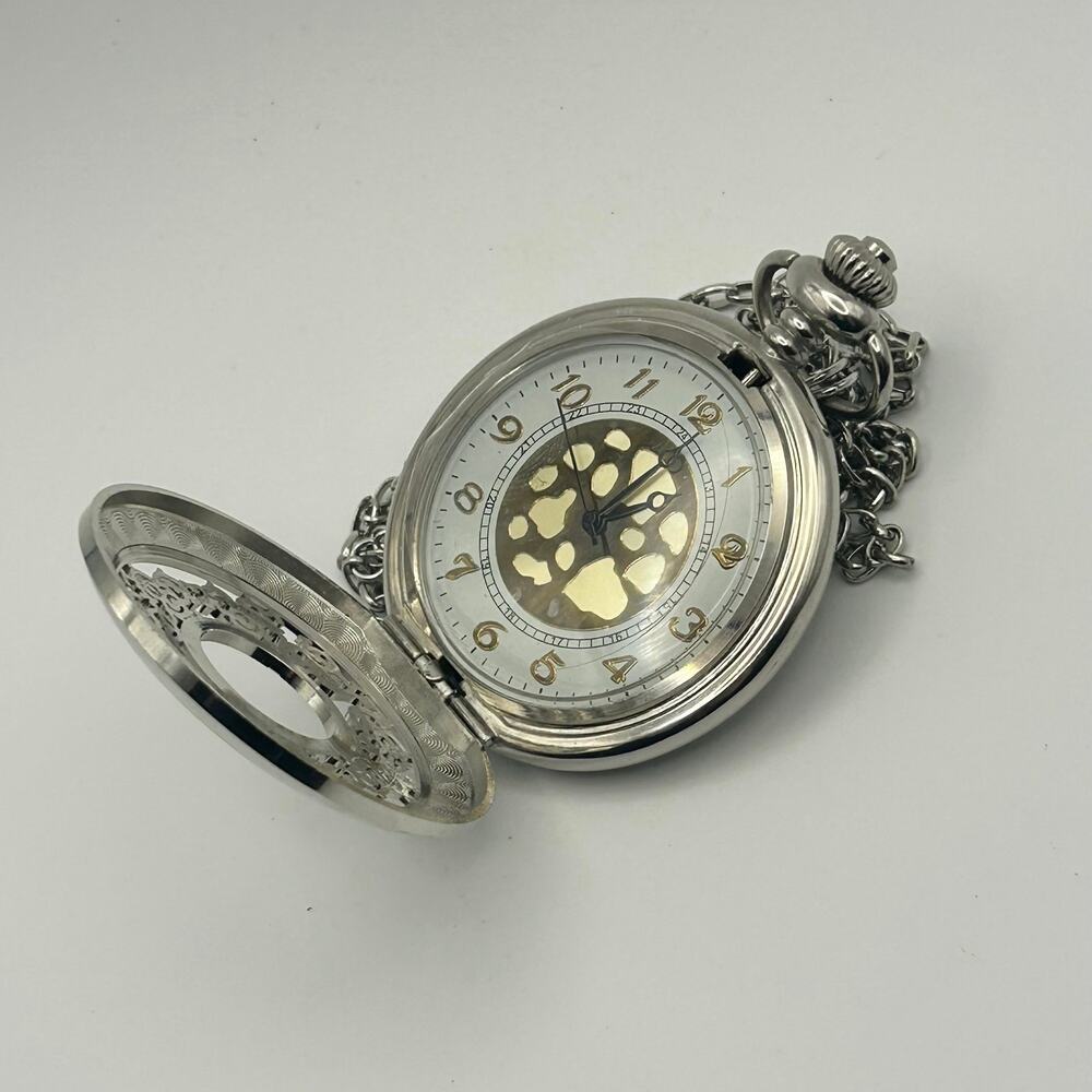 Open Center Silver Tone Vintage Style Pocket Watch Necklace Working New Battery - Picture 6 of 7